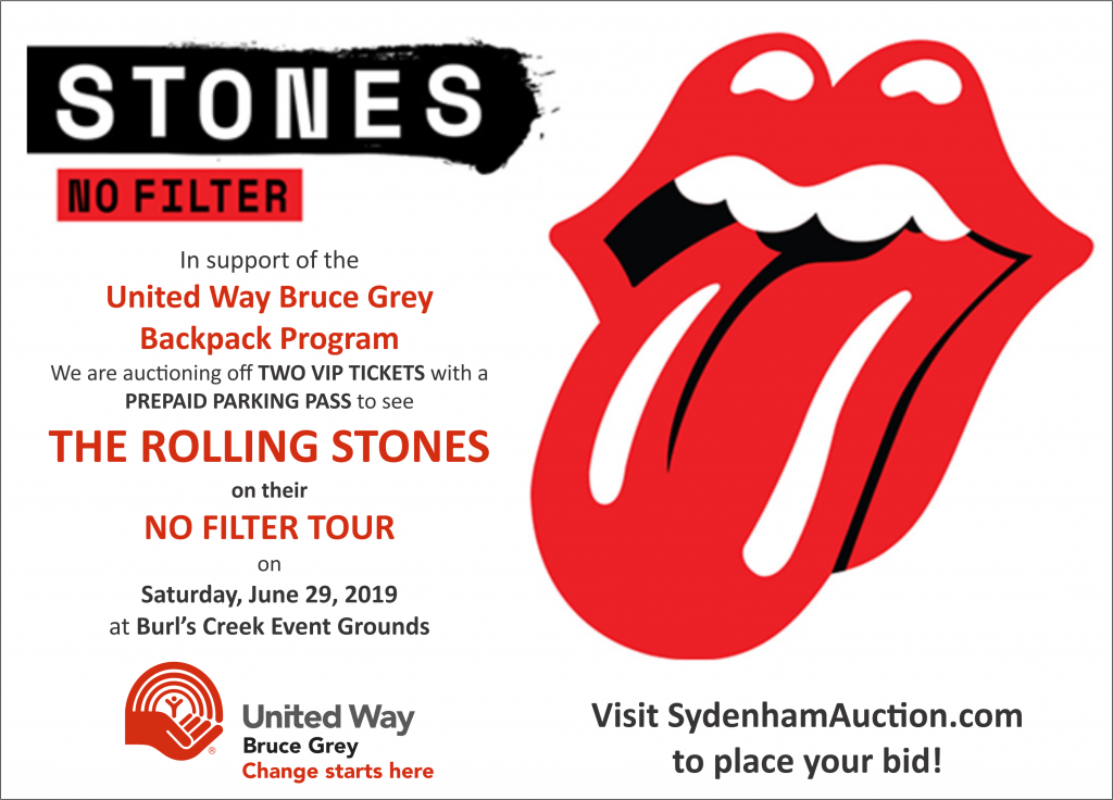 Two VIP Tickets to see The Rolling Stones are up for auction is support of the United Way Backpack Program.