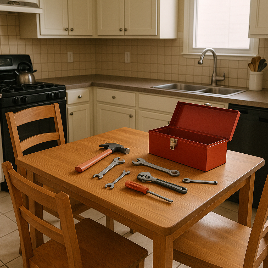 AI generated image of a kitchen with 2 sinks and a stove with a kettle on it. The wooden kitchen table has a tool box and scattering of tools