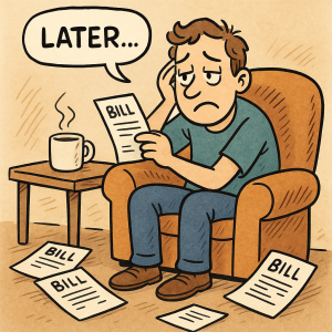AI generated image of a man worrying about bills, but putting them off until later
